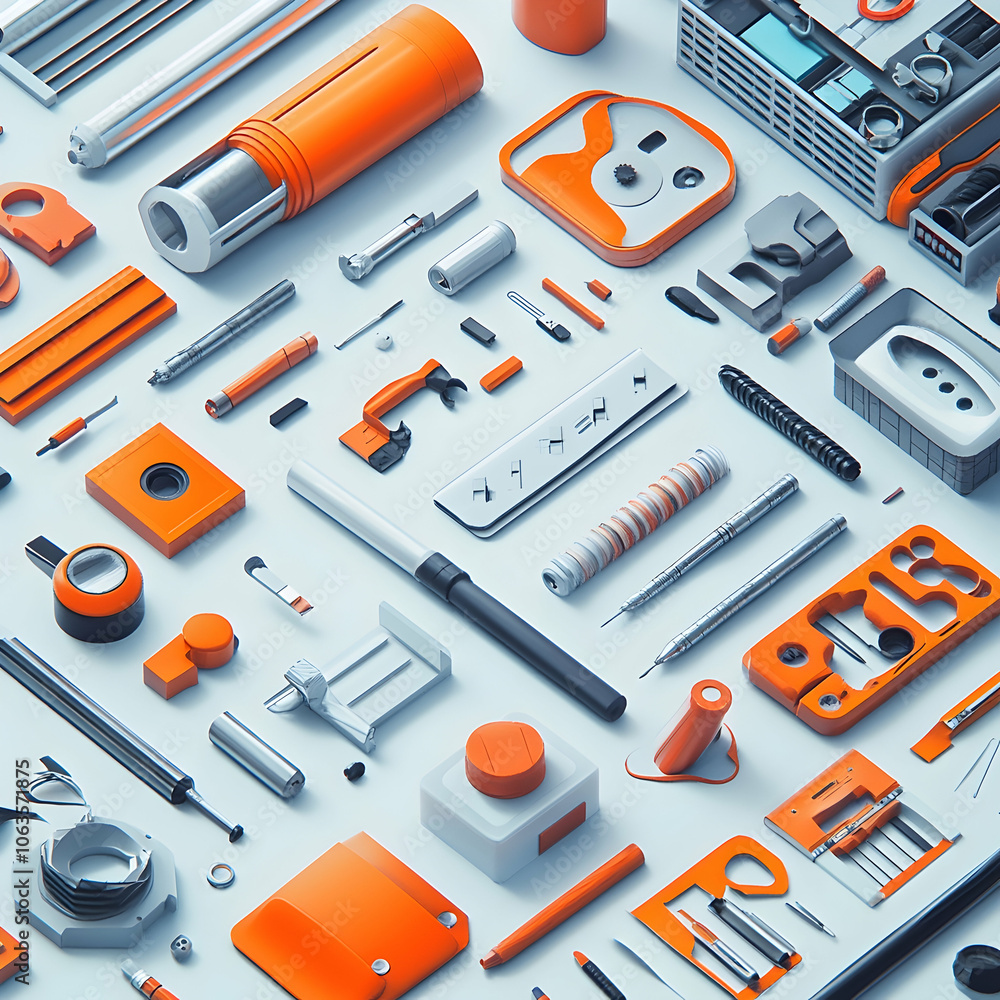 A flat lay of various tools and objects in orange and grey. A flat lay of various tools and objects in orange and grey.