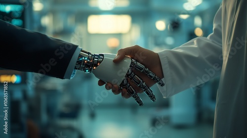 A handshake in front of a medical robot assisting in lab work, representing future healthcare.