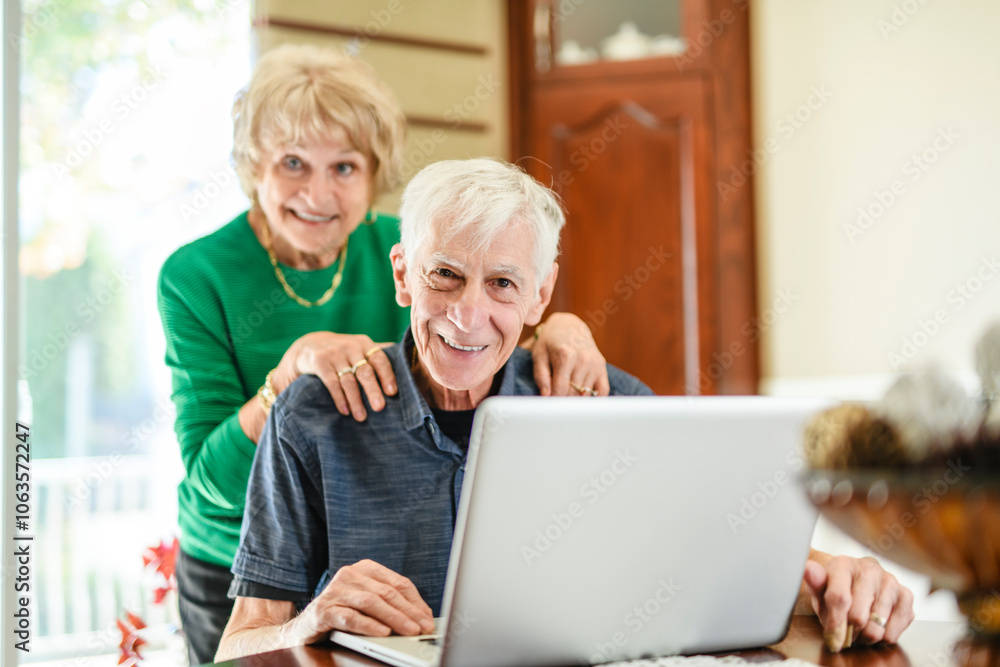 two senior in front of laptop at home two senior in front of laptop at home