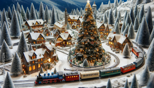 christmas miniature diorama. A fairytale Christmas scene with a snow-covered winter village and warm light.