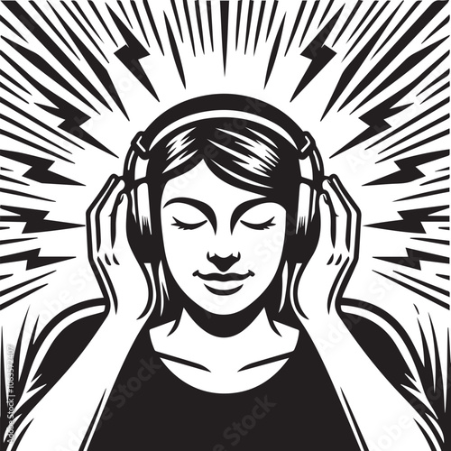 Blind people Enjoys Music with Headphones and a Big Smile. A black and white woodcut-style illustration of a person wearing headphones, eyes closed and a wide, joyful smile on face.