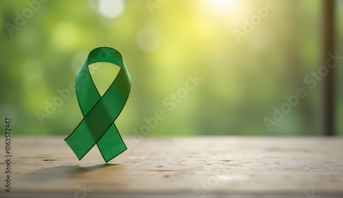 Green mental health ribbon placed against a wooden table background