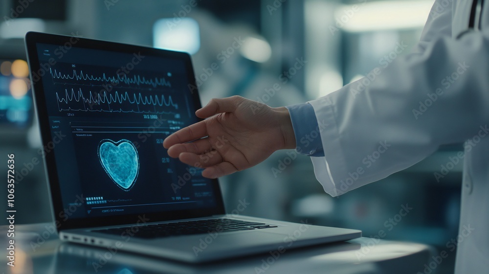 Close-up handshake near a laptop showing a presentation on medical research. Close-up handshake near a laptop showing a presentation on medical research.