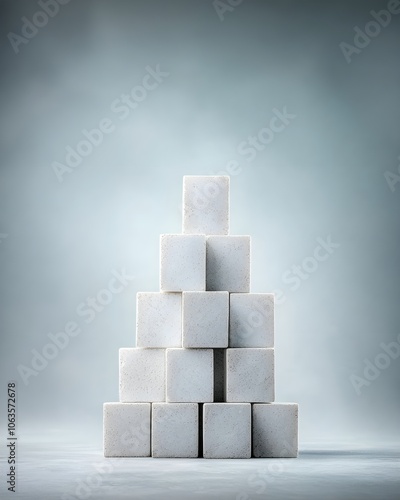 Minimalist arrangement of white cubes in a pyramid shape