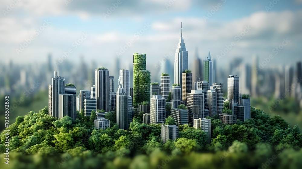 Obraz premium Futuristic Cityscape with Eco-Friendly Overlay Showcasing Government Climate Policy Vision