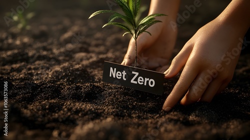 Hands Planting Tree with Net Zero Banner,Sustainable Carbon Offset Policy Concept photo