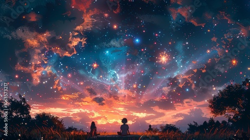 A family sits on a picnic blanket, watching fireworks light up the night sky in bursts of red, white, and blue. The kids point excitedly at the sky, and the sound of fireworks fills the air with celeb photo