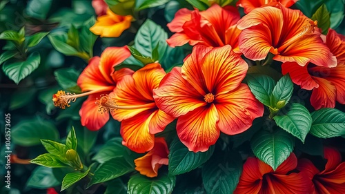 A vibrant cluster of orange and red hibiscus flowers bloom amidst lush green foliage, their delicate petals unfurling in a symphony of color.