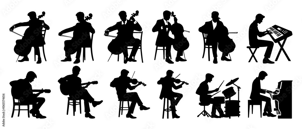 Fototapeta premium Silhouettes set of musicians playing various musical instruments vector collection