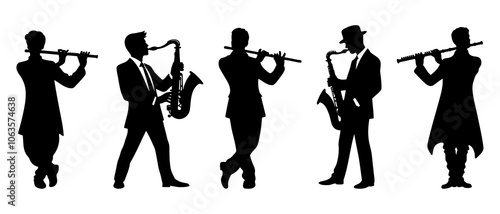 Musician playing Saxophone and flute silhouette black filled vector Illustration icon