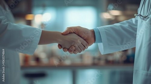 The doctor and student shake hands, with lab coats and pipettes in the background.