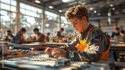 A young man in a workshop setting, focused on working with electrical components.
