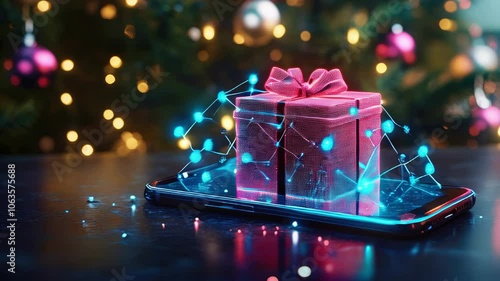 Holographic 3D Christmas gift icon surrounded by connected dots and lines above phone screen. Christmas shopping concept