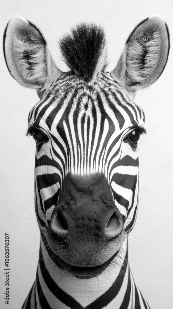 Naklejka premium Zebra portrait showcasing striking black and white stripes, AI