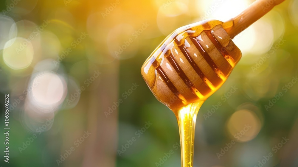 Golden honey dripping from a wooden honey dipper, glistening in the sunlight and tempting the taste buds with its sweet and aromatic flavor Golden honey dripping from a wooden honey dipper, glistening in the sunlight and tempting the taste buds with its sweet and aromatic flavor