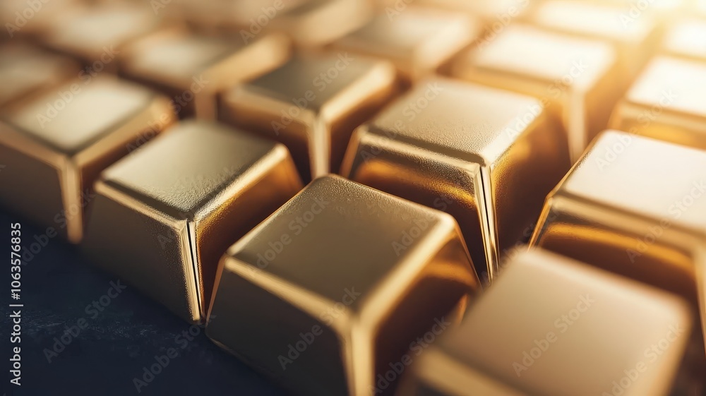A close-up view of shiny gold bars stacked together, showcasing their intricate details and reflections.