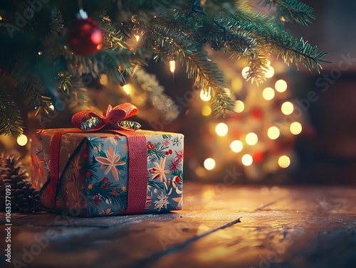 Vibrant Christmas Gift Box Under Glowing Holiday Tree Symbolizing Joy and Anticipation