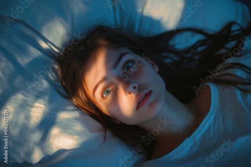 woman lying in bed with eyes wide open, a hint of anxiety after doomscrolling on her face, soft moonlight streaming through the window photo