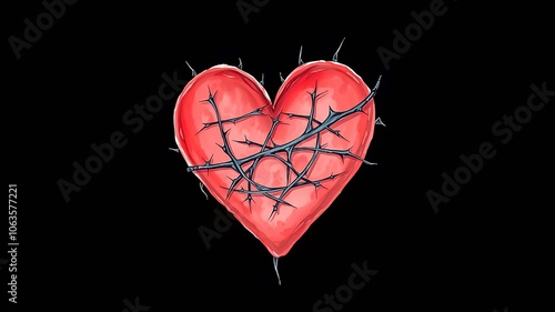 A crimson heart ensnared by thorny vines, a poignant symbol of love's entanglement with pain and resilience.