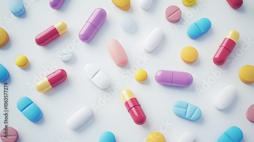 Assorted Colorful Pills and Capsules Neatly Arranged on White Background - 3D Pharmaceutical Render