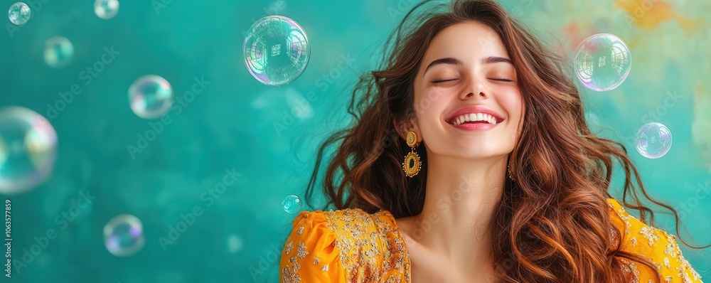 Naklejka premium A joyful woman in a bright dress smiles amidst floating bubbles, creating a cheerful and playful atmosphere.