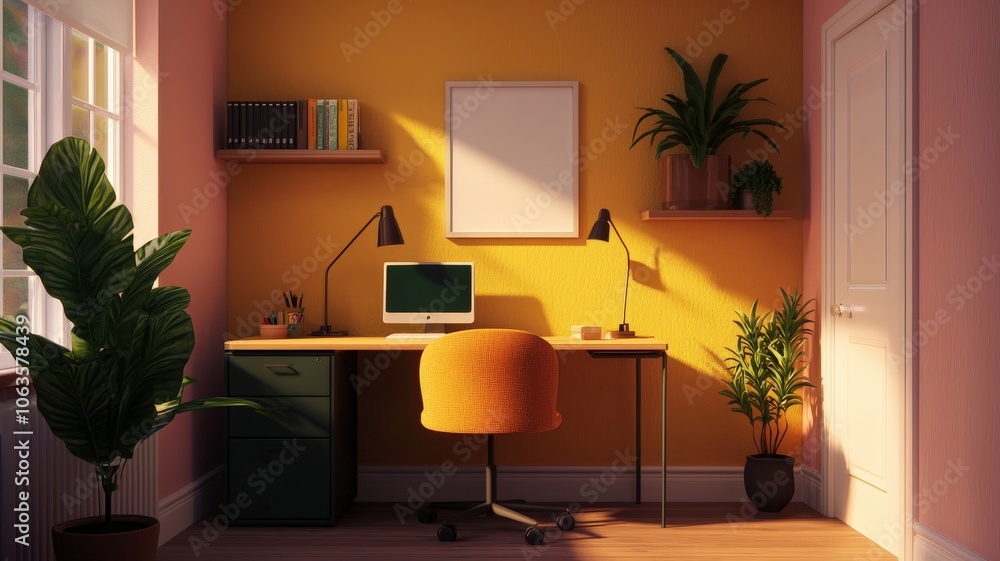 A cozy home office featuring a colorful wall, stylish desk, and greenery, creating an inviting workspace filled with natural light. A cozy home office featuring a colorful wall, stylish desk, and greenery, creating an inviting workspace filled with natural light.