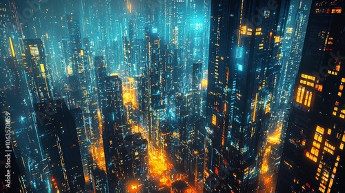 A densely packed cyberpunk city, illuminated by blue and orange neon lights, creating a vivid and futuristic environment reflecting innovation and technology.