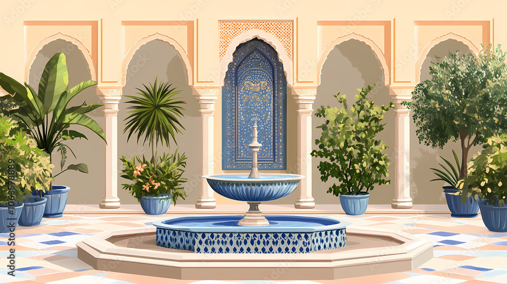 Fototapeta premium Fountain in a moroccan courtyard. Arabic Courtyard Fountain. Illustration