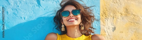 A joyful young woman smiles brightly against a vibrant blue and yellow wall, showcasing summer fashion and a carefree spirit.