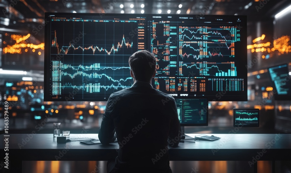 Businessman analyzing stock charts on a large digital screen, financial strategy, 3D illustration Businessman analyzing stock charts on a large digital screen, financial strategy, 3D illustration
