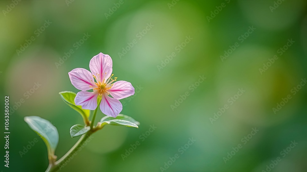 A delicate pink blossom with a yellow center blooms on a slender stem against a blurred green background. A delicate pink blossom with a yellow center blooms on a slender stem against a blurred green background.