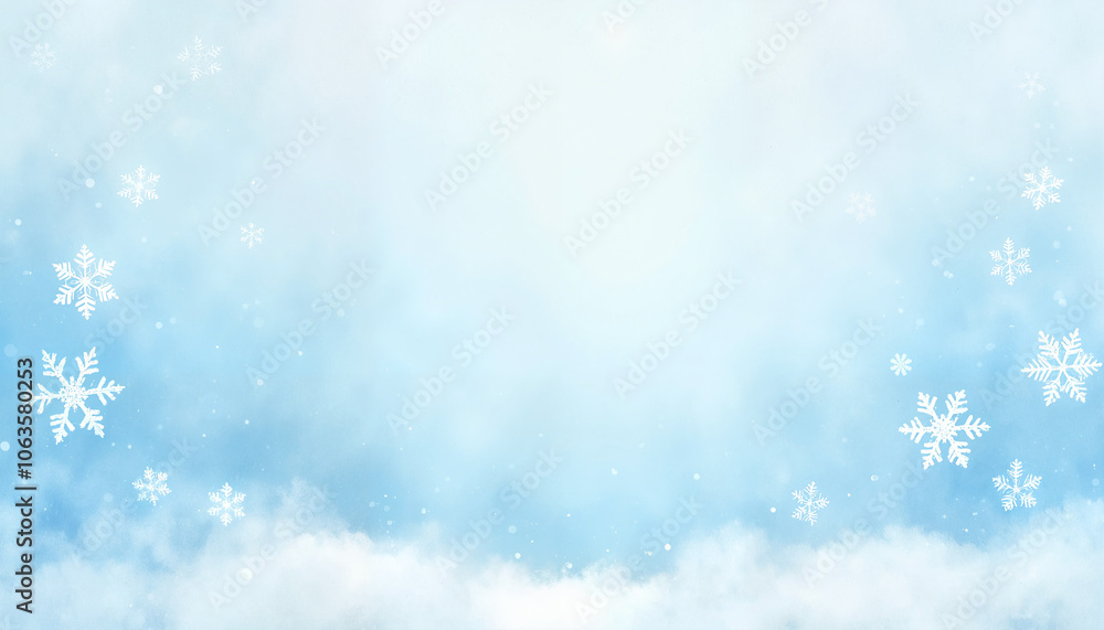 Naklejka premium Soft winter background with snowflakes and clouds on a blue gradient