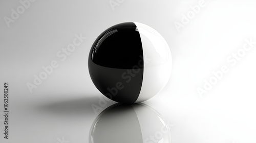 half black and half white sphere on reflective surface, creating striking contrast photo