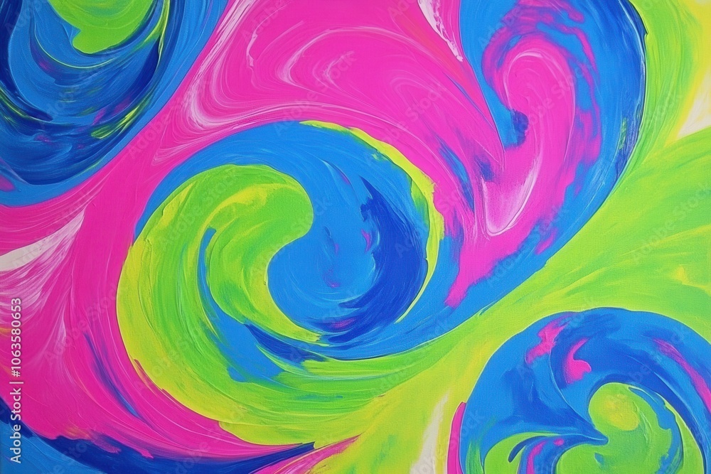 Obraz premium An abstract painting featuring swirls of bright neon colors, including electric blue, hot pink, and lime green