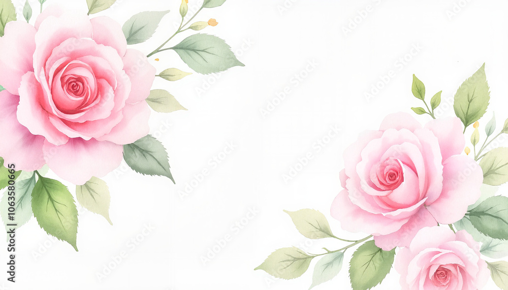 Beautiful pink roses with green leaves on a clean white background Beautiful pink roses with green leaves on a clean white background
