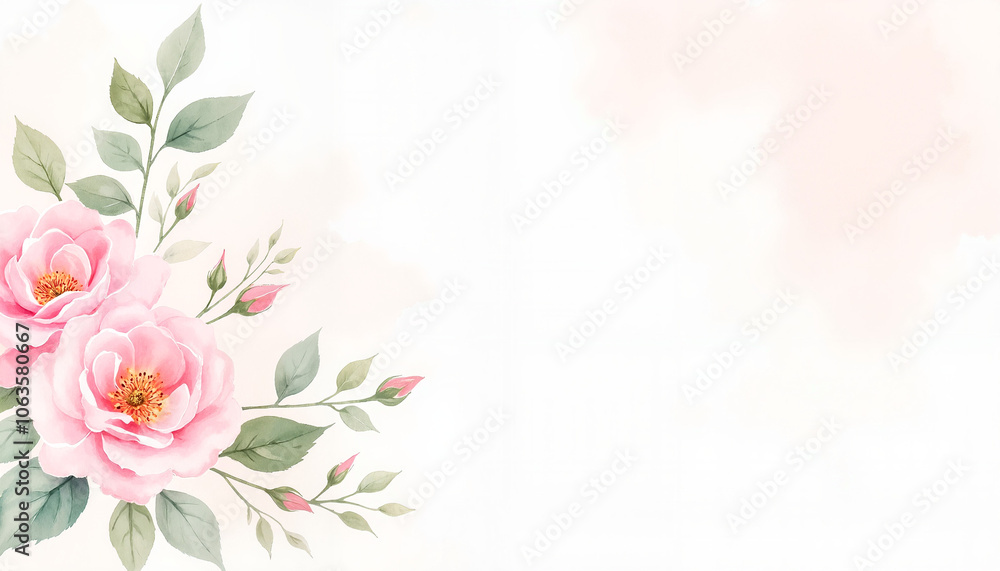 Elegant pink roses with green leaves and buds on a soft watercolor background Elegant pink roses with green leaves and buds on a soft watercolor background