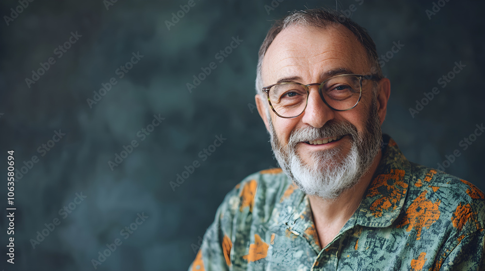 Obraz premium Happy senior man with beard and glasses, wearing colorful shirt