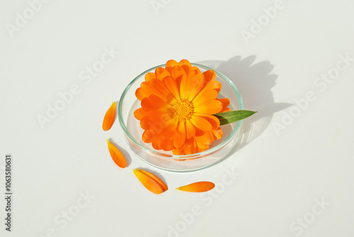 Calendula officinalis flower in a petri dish