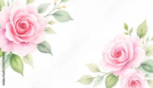 Beautiful pink roses with green leaves on a clean white background