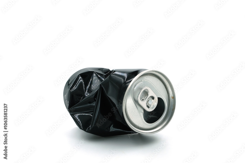 Black soda can on white background, recycled material concept Black soda can on white background, recycled material concept