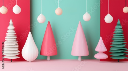 A colorful display of stylized Christmas trees and ornaments, featuring pink, white, and green elements against a contrasting backdrop.