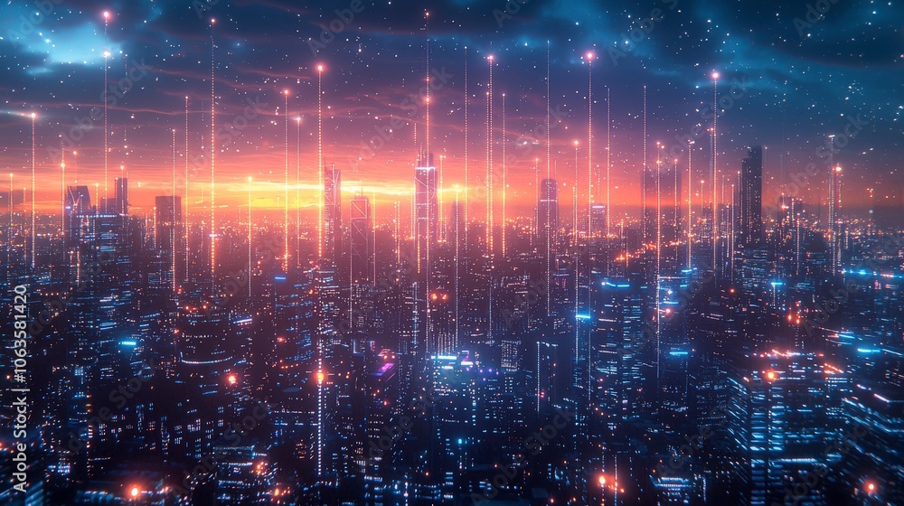 A sprawling cityscape at sunset, with glowing illuminated trails stretching upwards, casting a magical glow over the surrounding skyscrapers and skyline. A sprawling cityscape at sunset, with glowing illuminated trails stretching upwards, casting a magical glow over the surrounding skyscrapers and skyline.