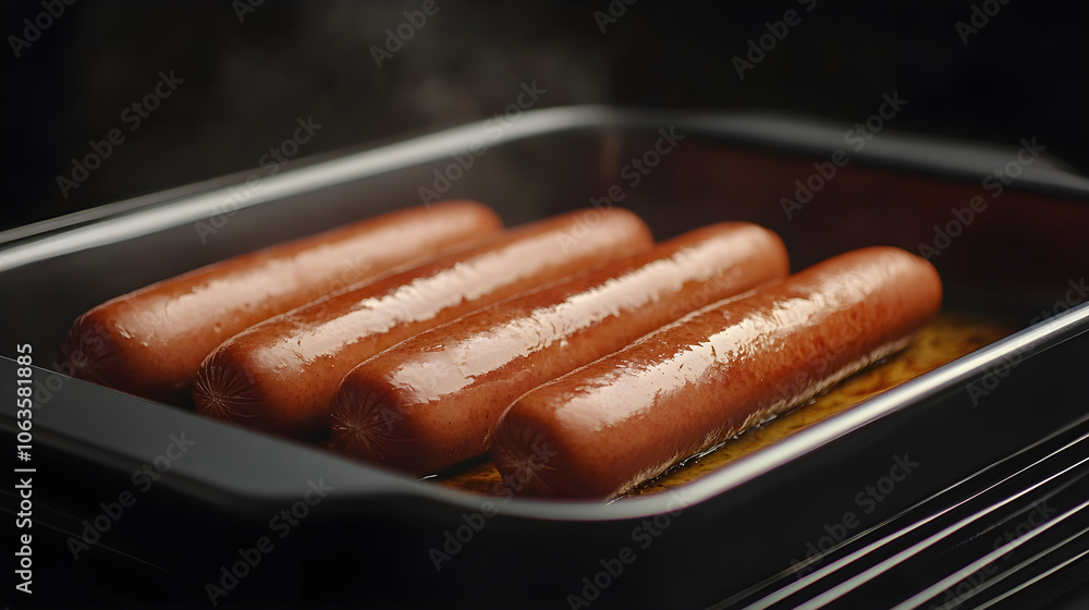 Hot dogs sizzling in baking tray, perfect for delicious meal Hot dogs sizzling in baking tray, perfect for delicious meal