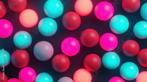 A vibrant arrangement of colorful spheres in shades of pink, blue, and red, set against a contrasting dark background.