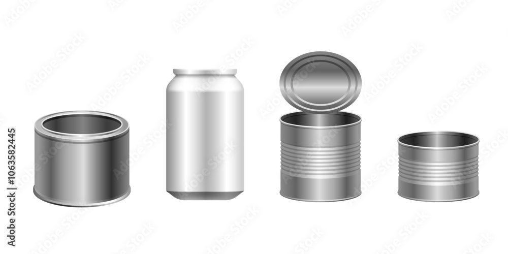 Tin container set. Tin cans for drinks and food. Vector 3D set