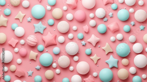 A colorful array of pastel-toned decorative sweets, including stars and circles, set against a pink background.