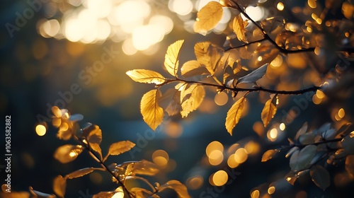 A close-up of golden leaves illuminated by sunlight, creating a warm and tranquil atmosphere.