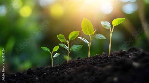 A series of young plants growing from soil, symbolizing growth and environmental sustainability. photo