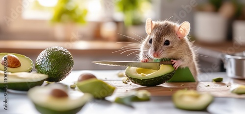 Cute rat holding a knife and cutting an avocado on a kitchen countertop.