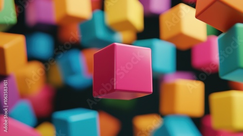 Vibrant, floating cubes in various colors create an abstract, playful atmosphere against a dark background.